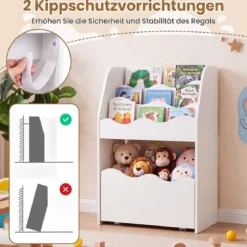 Kinder Bücherregal 3-stufiges Montessori Spielzeugregal aus Holz mit Rollbarer Schublade Weiß