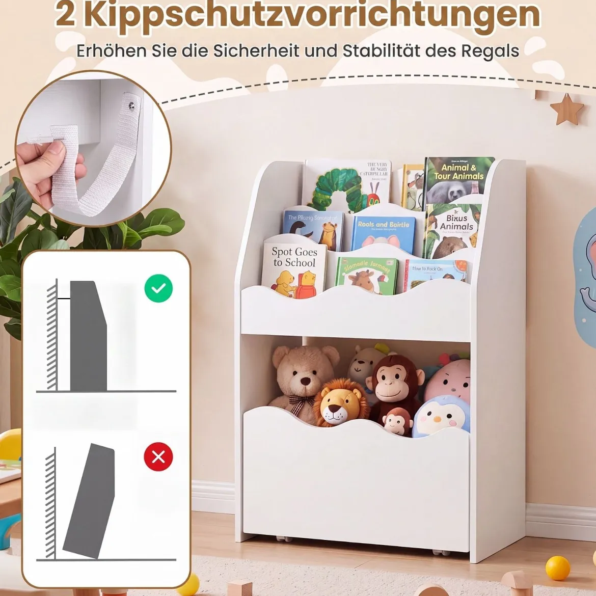 Kinder Bücherregal 3-stufiges Montessori Spielzeugregal aus Holz mit Rollbarer Schublade Weiß