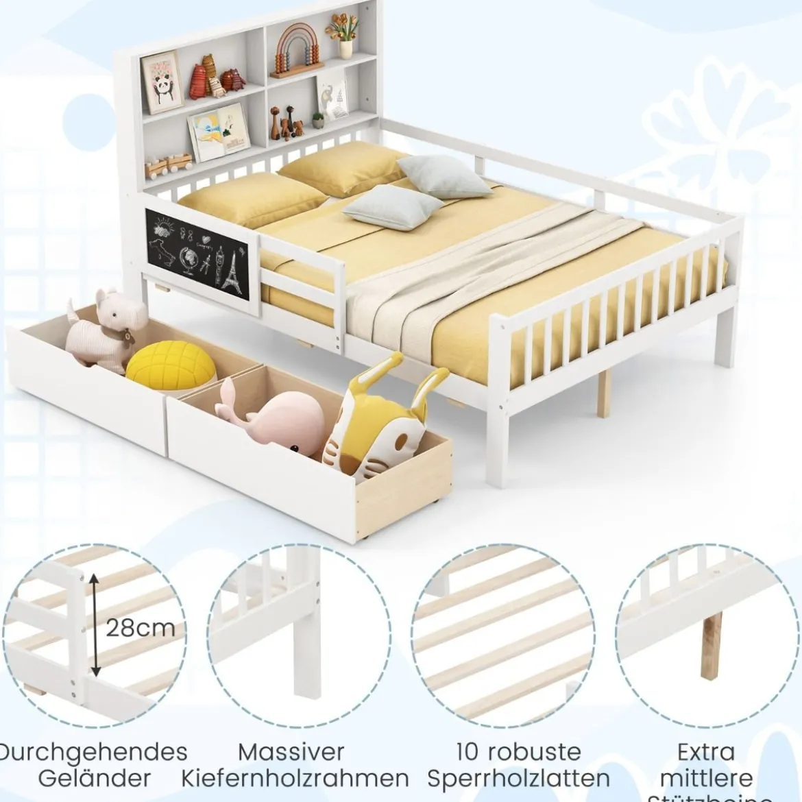 Kinderbett mit 2 Schubladen Bücherregal & Tafel 140 x 200 cm Jugendbett mit Rausfallschutz Weiß