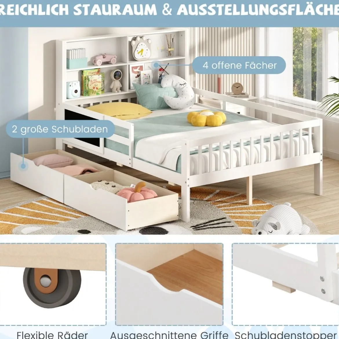 Kinderbett mit 2 Schubladen Bücherregal & Tafel 140 x 200 cm Jugendbett mit Rausfallschutz Weiß