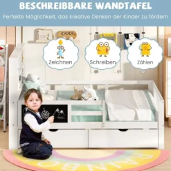 Kinderbett mit 2 Schubladen Bücherregal & Tafel 140 x 200 cm Jugendbett mit Rausfallschutz Weiß