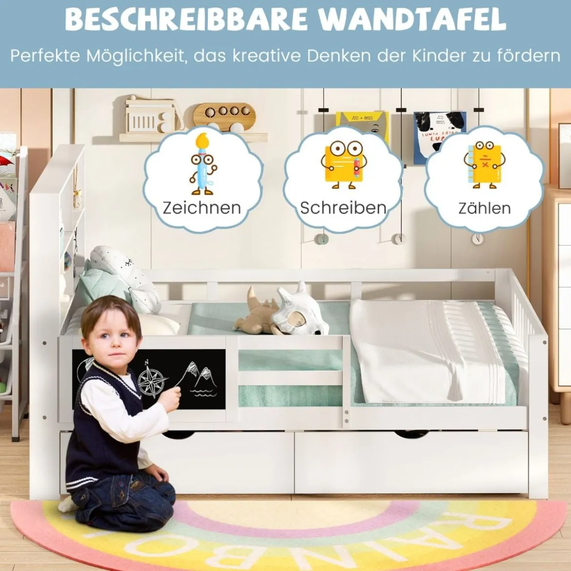 Kinderbett mit 2 Schubladen Bücherregal & Tafel 140 x 200 cm Jugendbett mit Rausfallschutz Weiß