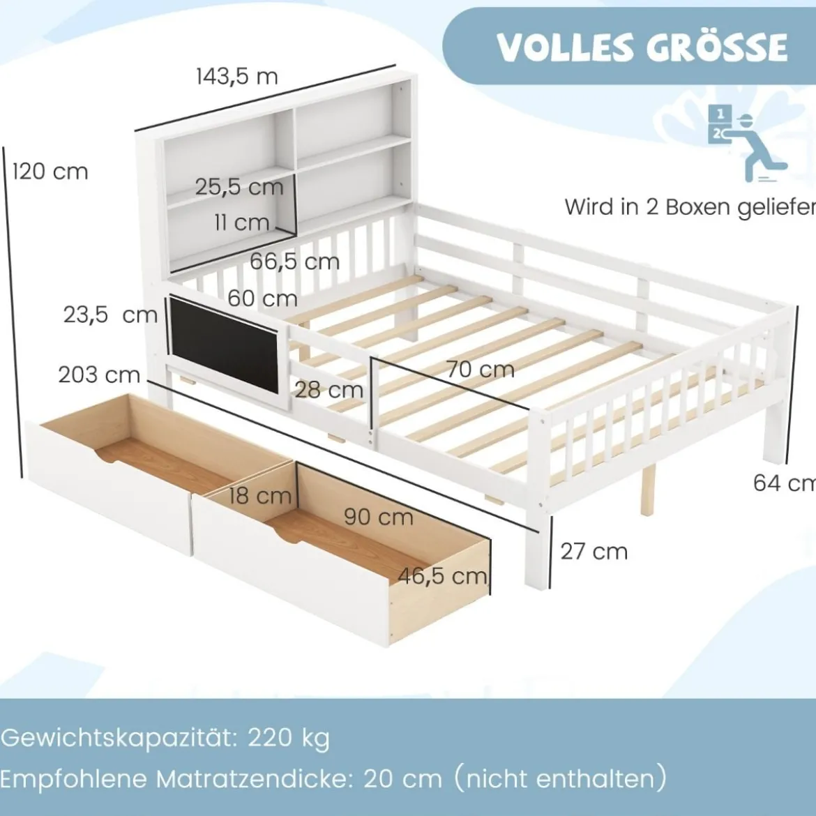 Kinderbett mit 2 Schubladen Bücherregal & Tafel 140 x 200 cm Jugendbett mit Rausfallschutz Weiß