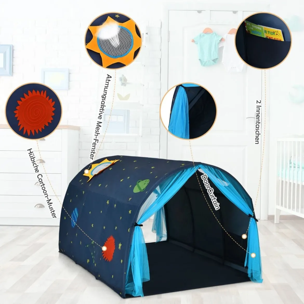 Kinderbett Prinzessin Prinzess Kinderspielhaus Kinderzelt mit Fenster & Tasche & Vorhang Blau
