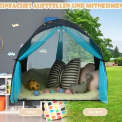 Kinderbett Prinzessin Prinzess Kinderspielhaus Kinderzelt mit Fenster & Tasche & Vorhang Blau