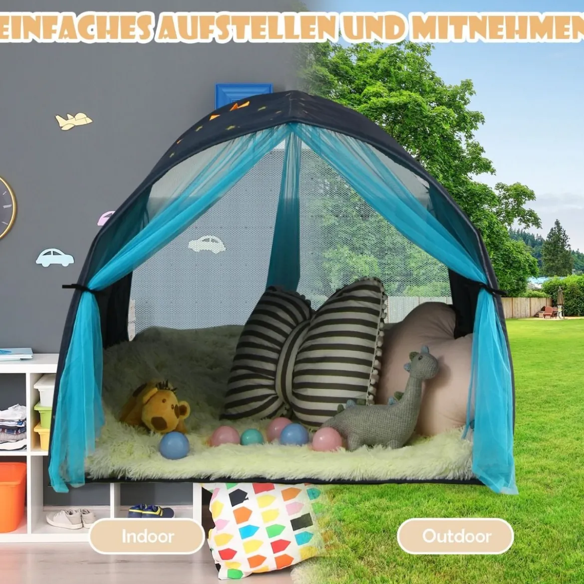 Kinderbett Prinzessin Prinzess Kinderspielhaus Kinderzelt mit Fenster & Tasche & Vorhang Blau
