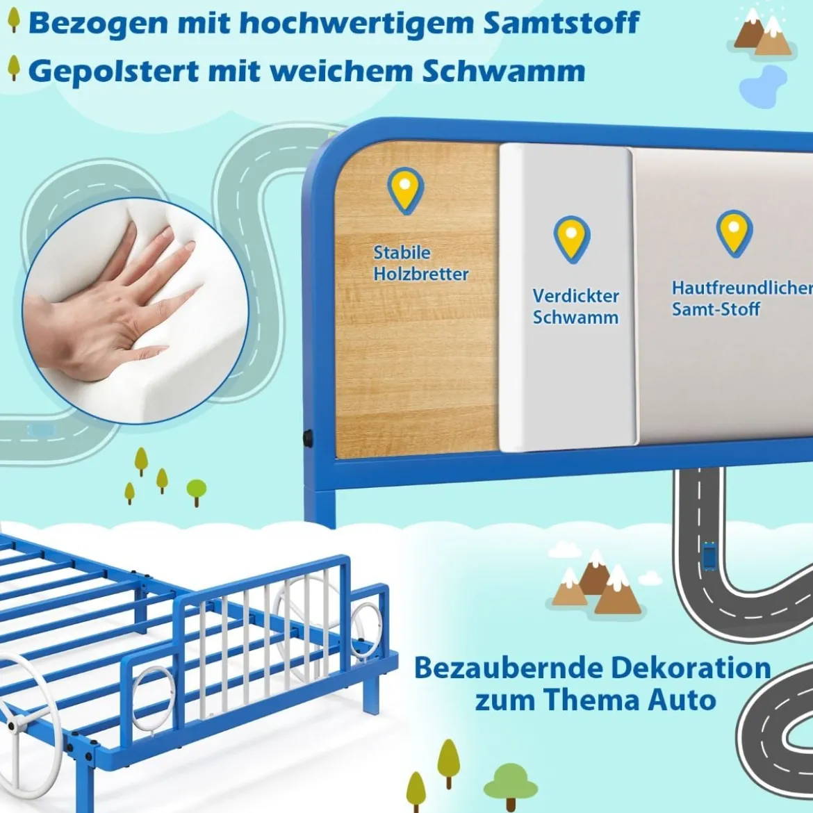 Kinderbettrahmen in Autoform mit Gepolstertem Kopfteil Bettgestell 202 x 98 x 68,5 cm Blau