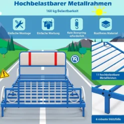 Kinderbettrahmen in Autoform mit Gepolstertem Kopfteil Bettgestell 202 x 98 x 68,5 cm Blau