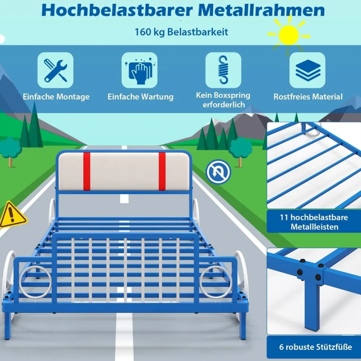 Kinderbettrahmen in Autoform mit Gepolstertem Kopfteil Bettgestell 202 x 98 x 68,5 cm Blau