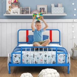 Kinderbettrahmen in Autoform mit Gepolstertem Kopfteil Bettgestell 202 x 98 x 68,5 cm Blau