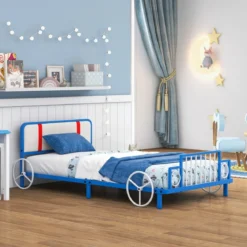 Kinderbettrahmen in Autoform mit Gepolstertem Kopfteil Bettgestell 202 x 98 x 68,5 cm Blau