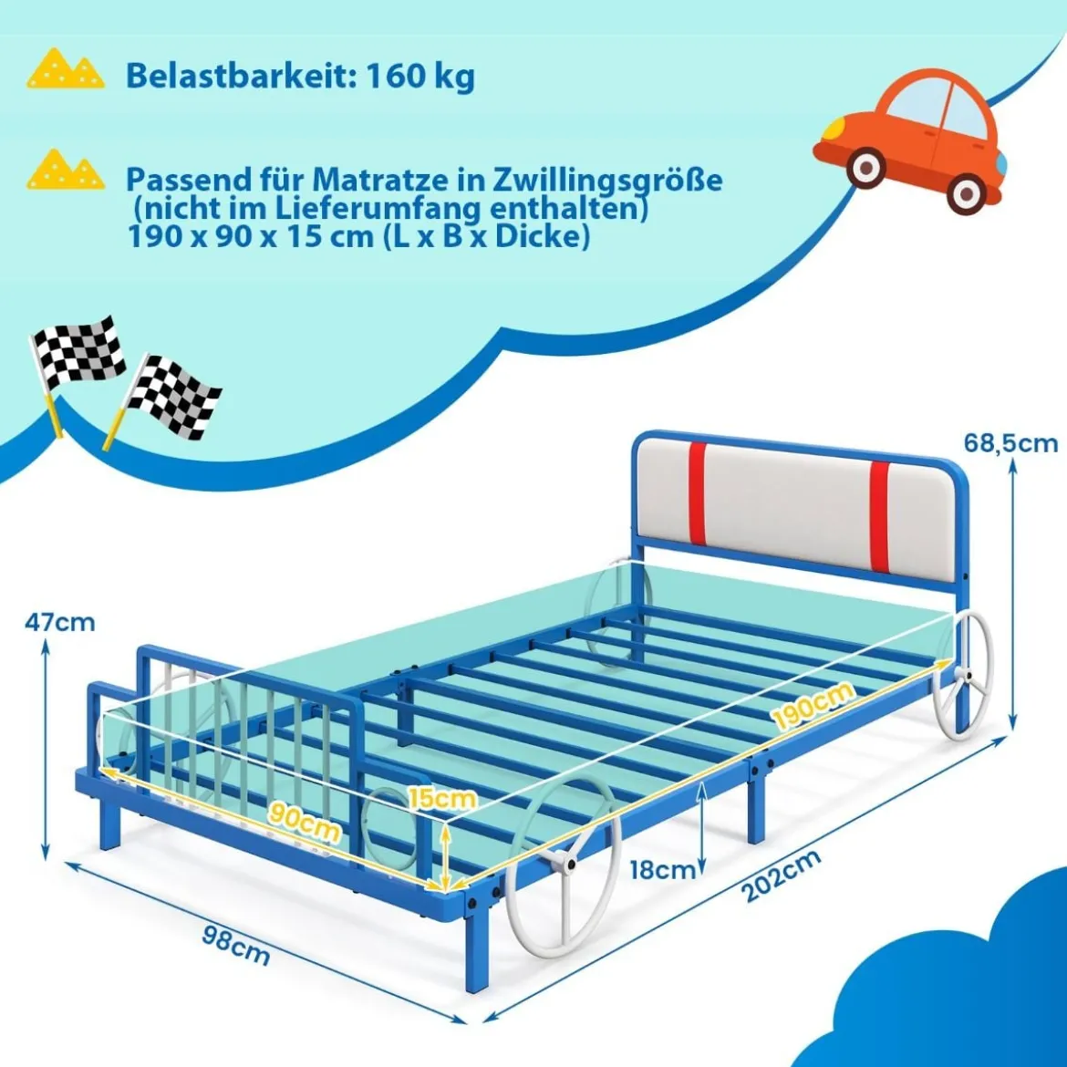 Kinderbettrahmen in Autoform mit Gepolstertem Kopfteil Bettgestell 202 x 98 x 68,5 cm Blau
