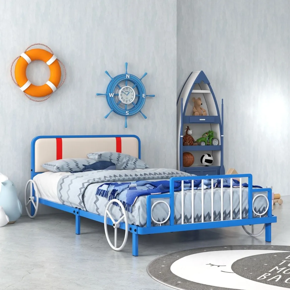 Kinderbettrahmen in Autoform mit Gepolstertem Kopfteil Bettgestell 202 x 98 x 68,5 cm Blau
