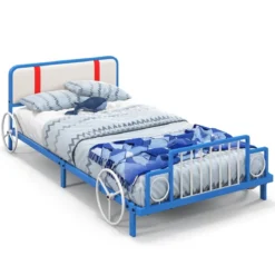 Kinderbettrahmen in Autoform mit Gepolstertem Kopfteil Bettgestell 202 x 98 x 68,5 cm Blau