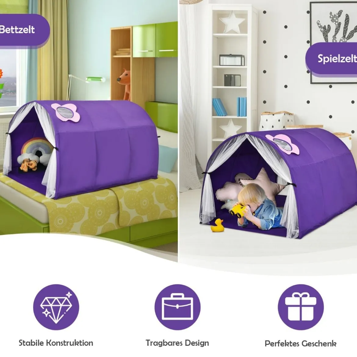 Kinderbett Spielzelte für Kinder Tragbares Pop-Up-Spielhau 144 x 102 x 82cm Lila