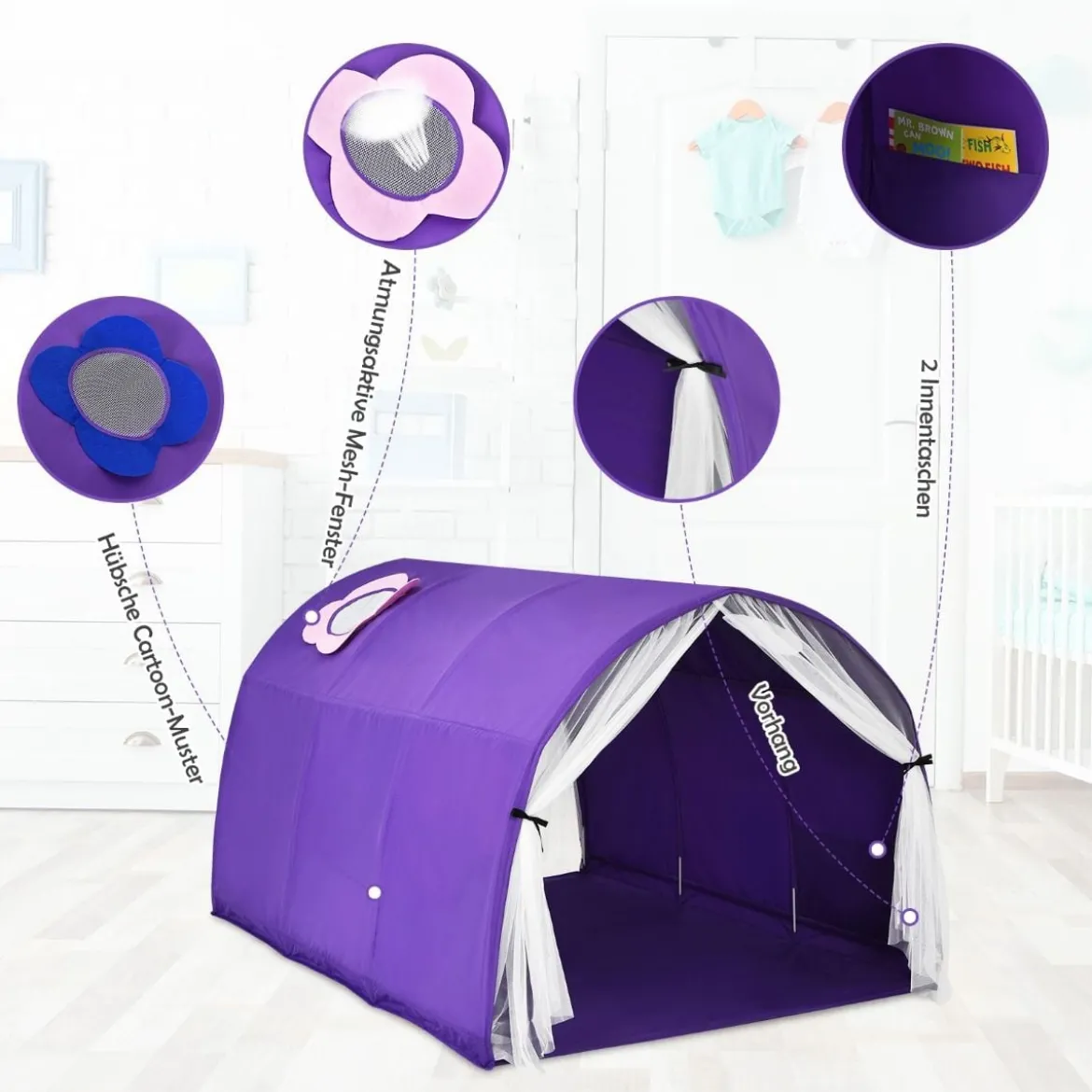 Kinderbett Spielzelte für Kinder Tragbares Pop-Up-Spielhau 144 x 102 x 82cm Lila