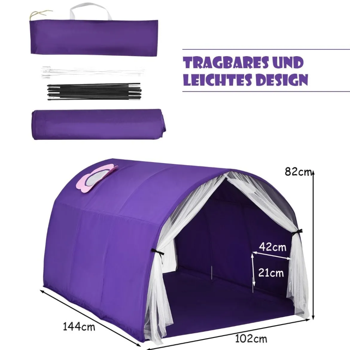 Kinderbett Spielzelte für Kinder Tragbares Pop-Up-Spielhau 144 x 102 x 82cm Lila