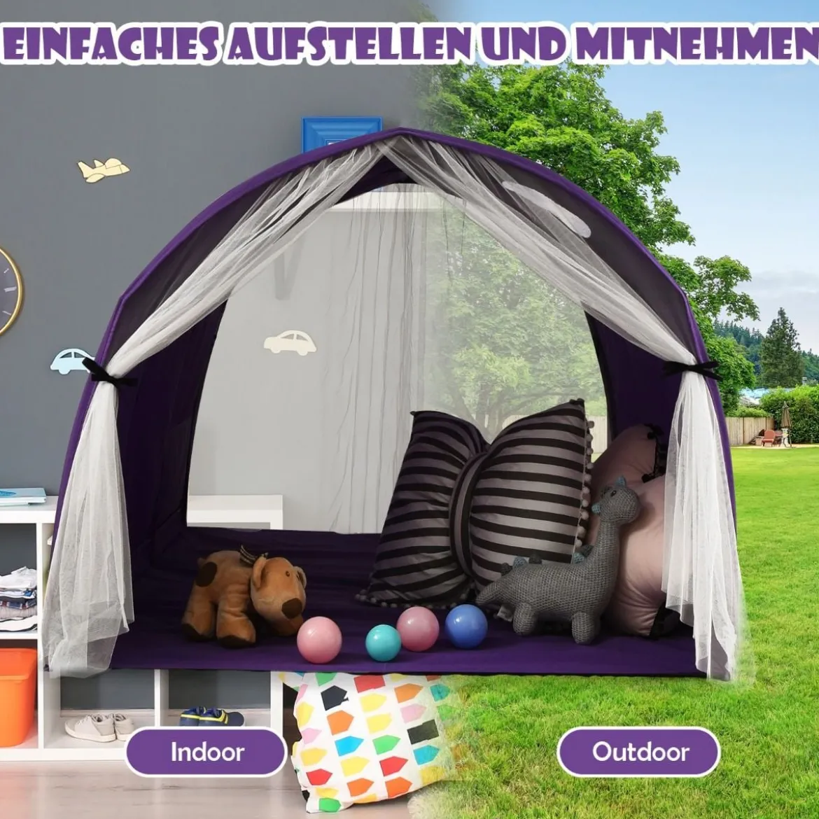 Kinderbett Spielzelte für Kinder Tragbares Pop-Up-Spielhau 144 x 102 x 82cm Lila