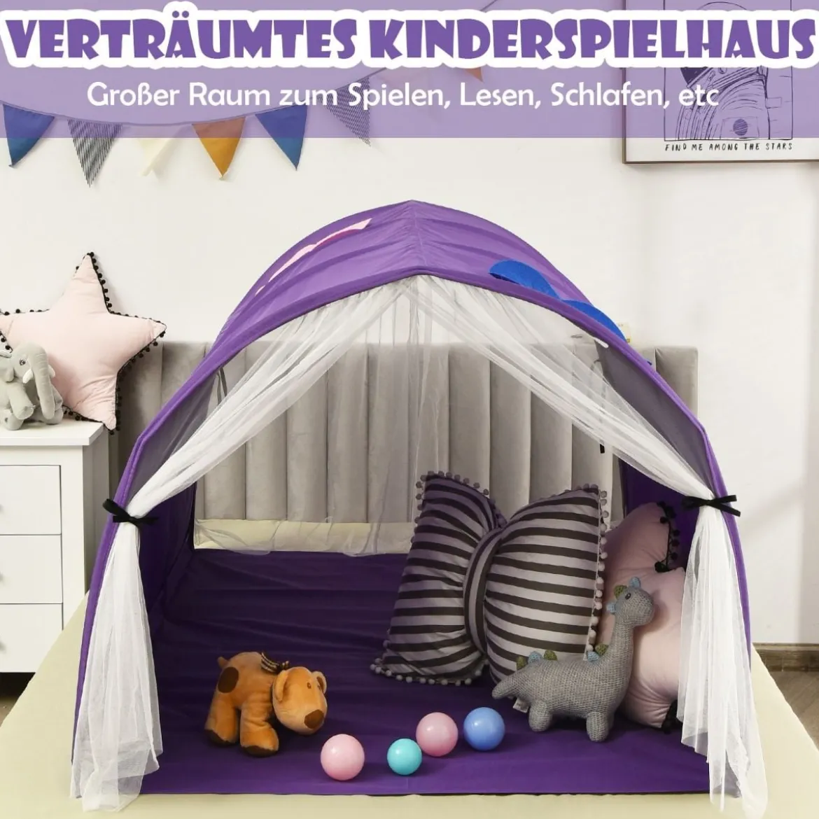 Kinderbett Spielzelte für Kinder Tragbares Pop-Up-Spielhau 144 x 102 x 82cm Lila