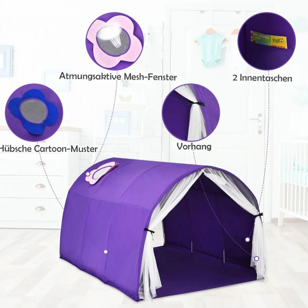 Kinderbett Spielzelte für Kinder Tragbares Pop-Up-Spielhau 144 x 102 x 82cm Lila