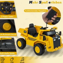 Kinder Caterpillar Elektroauto 12V Muldenkipper zum Draufsitzen mit Sandschaufel & Kippbett & Megafon