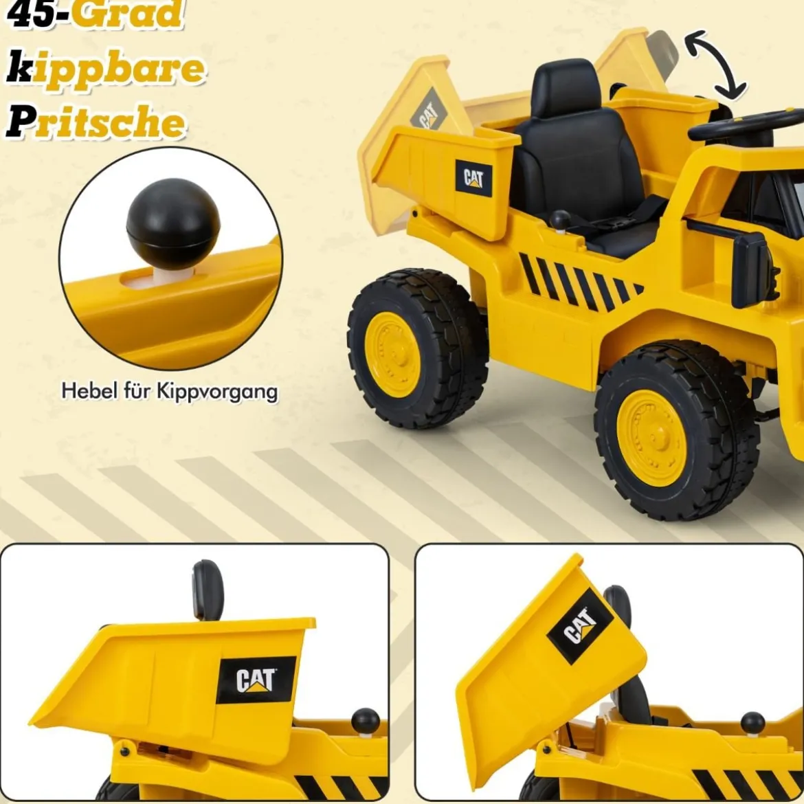 Kinder Caterpillar Elektroauto 12V Muldenkipper zum Draufsitzen mit Sandschaufel & Kippbett & Megafon