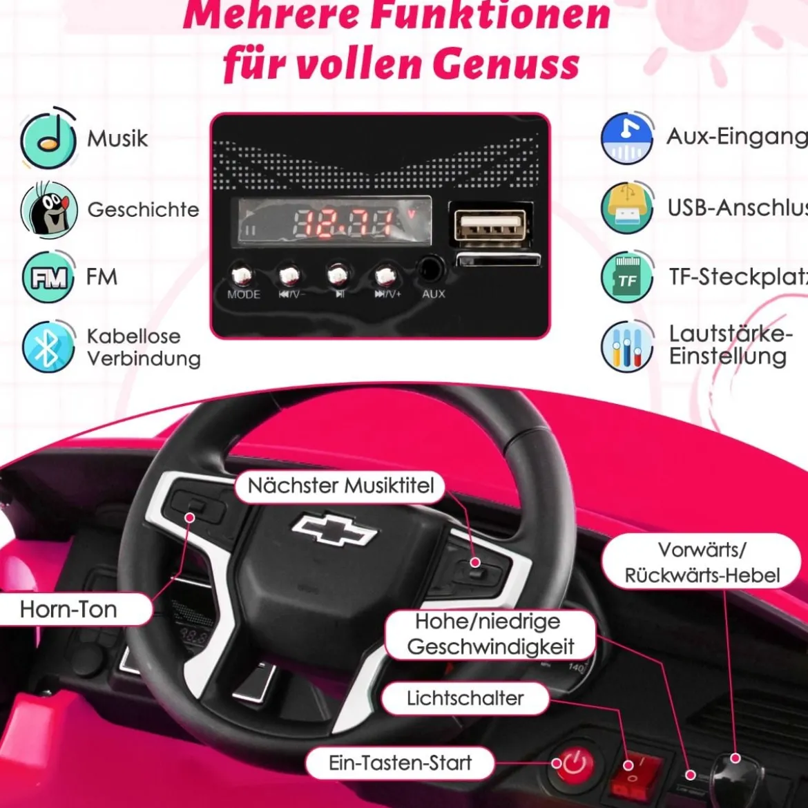 Kinder Chevrolet Elektroauto mit 2,4G Fernsteuerung & Federung & Lichtern & Musik Kinderauto
