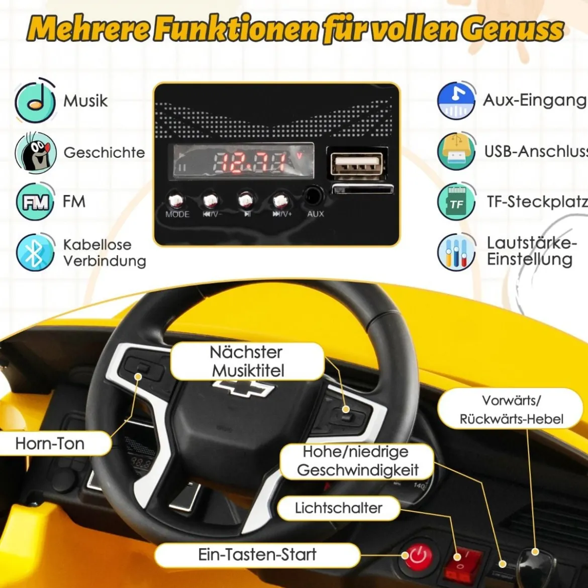 Kinder Chevrolet Elektroauto mit 2,4G Fernsteuerung & Federung & Lichtern & Musik Kinderauto
