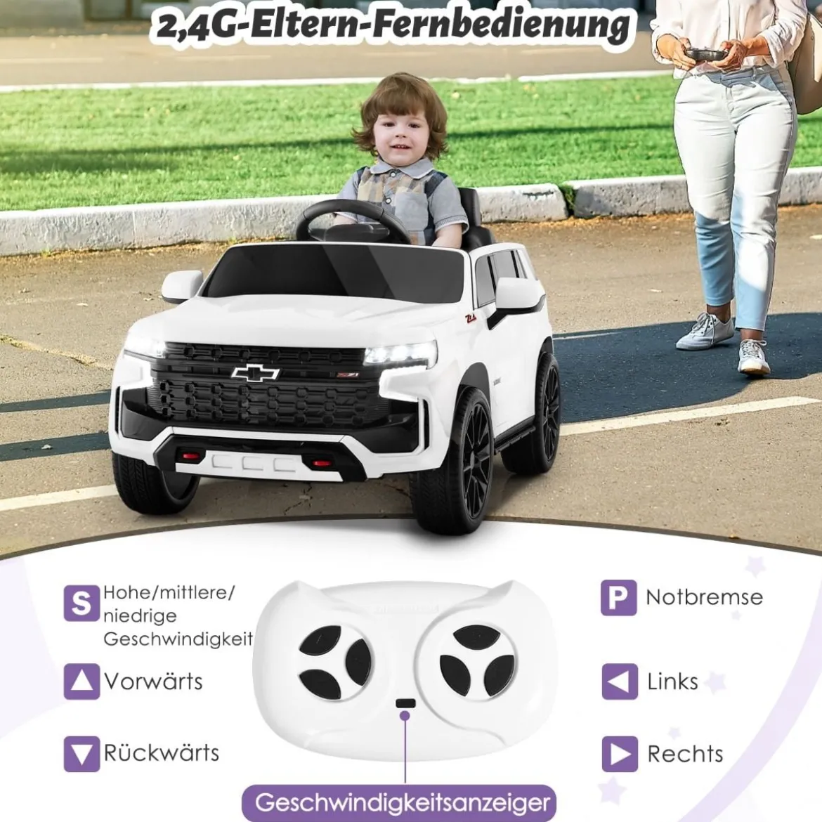 Kinder Chevrolet Elektroauto mit 2,4G Fernsteuerung & Federung & Lichtern & Musik Kinderauto