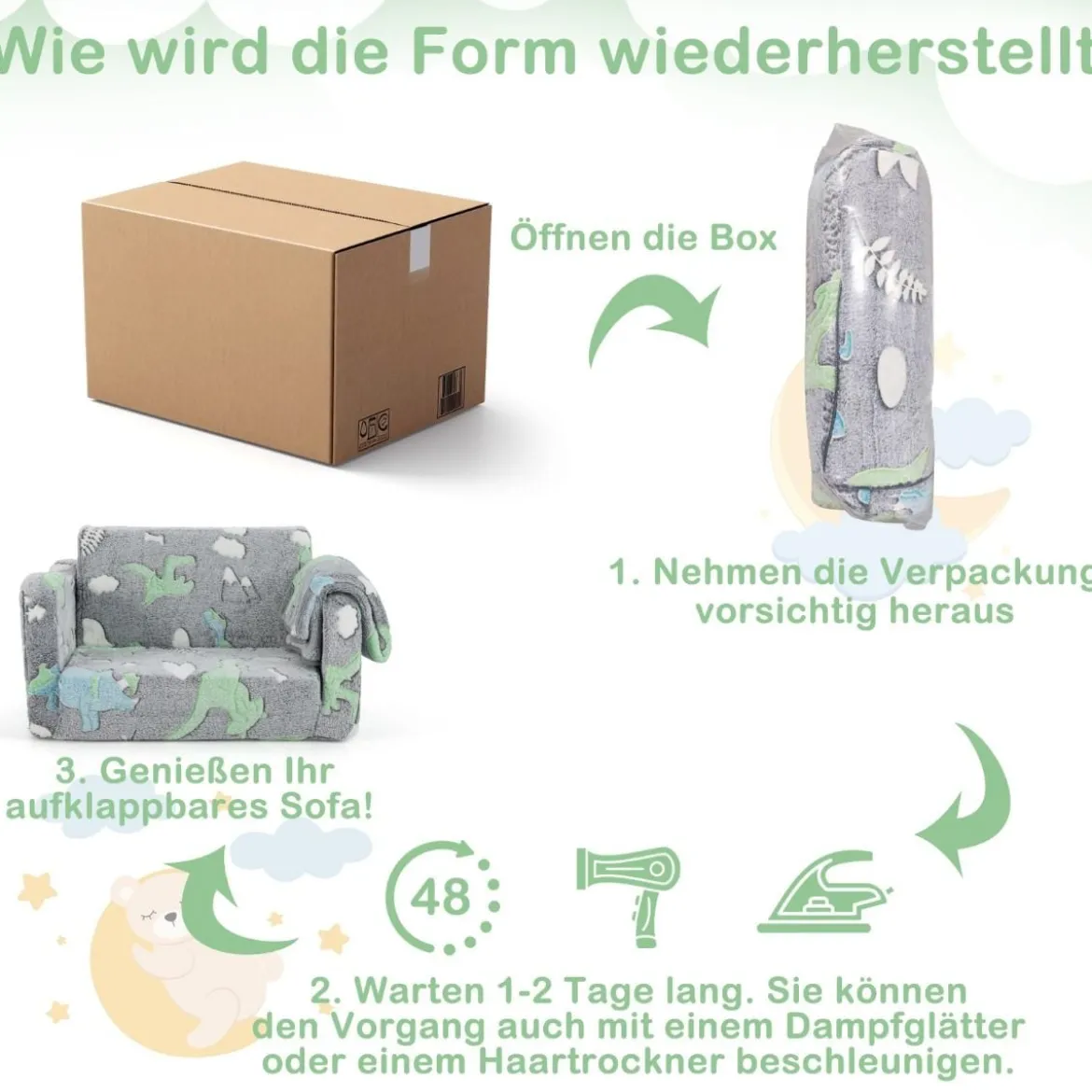 Kindercouch mit Decke 2-in-1-Klappsofa/Liege für Kleinkinder Regenbogen/Grau