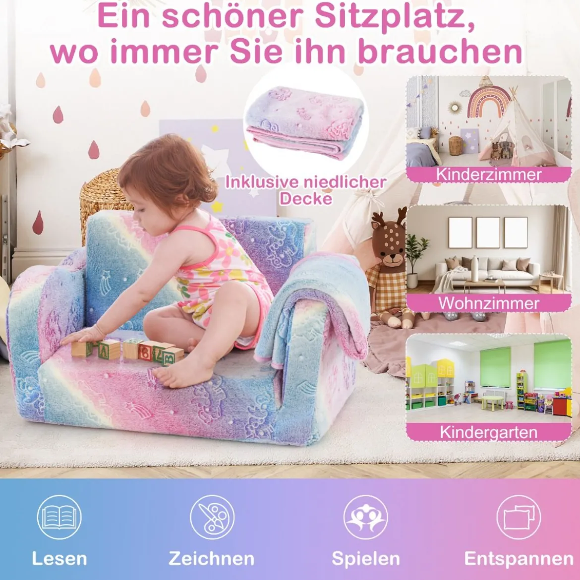 Kindercouch mit Decke 2-in-1-Klappsofa/Liege für Kleinkinder Regenbogen/Grau