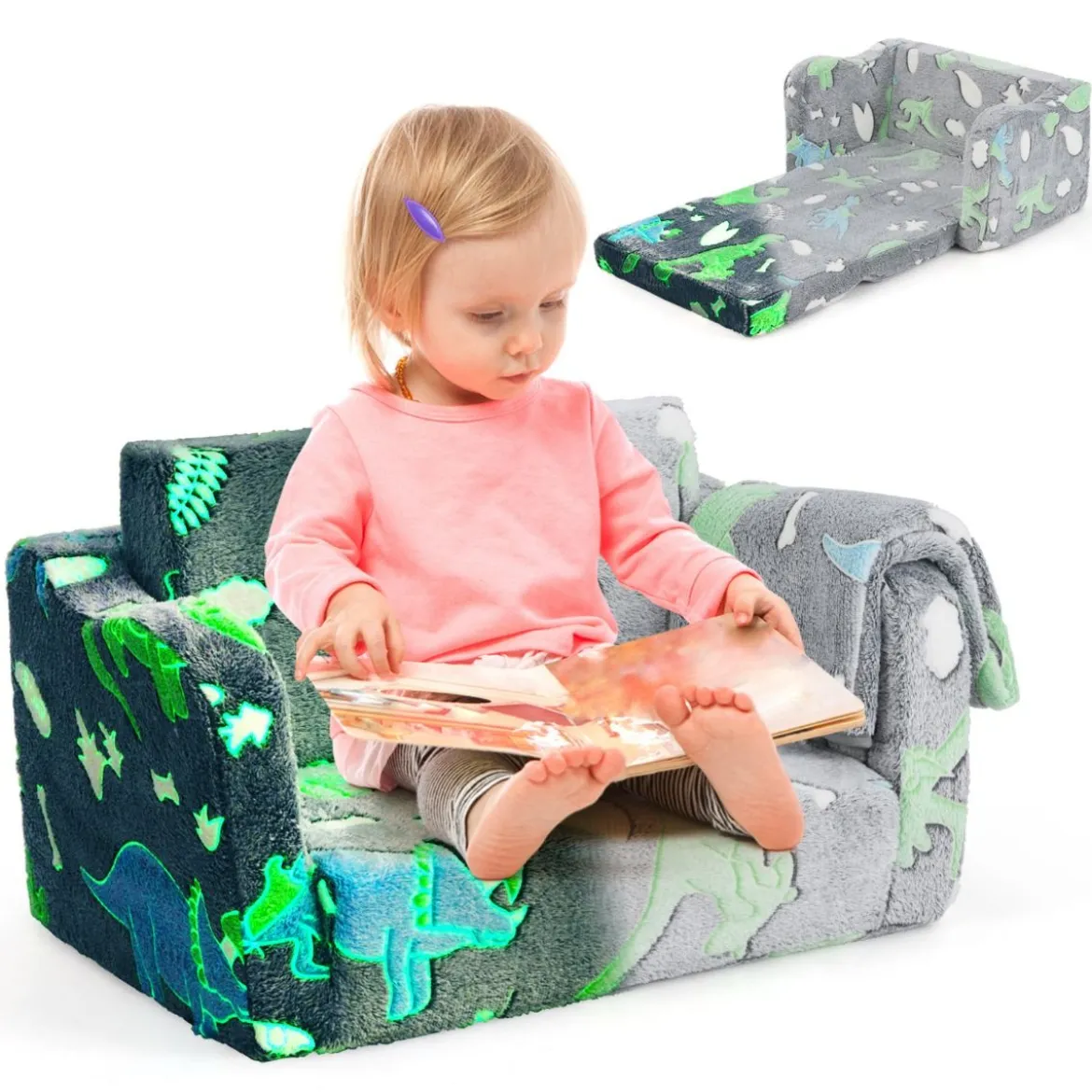Kindercouch mit Decke 2-in-1-Klappsofa/Liege für Kleinkinder Regenbogen/Grau