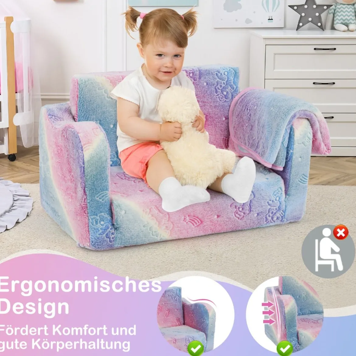 Kindercouch mit Decke 2-in-1-Klappsofa/Liege für Kleinkinder Regenbogen/Grau