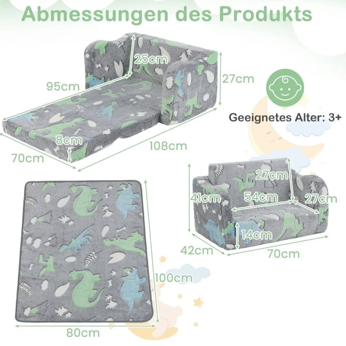 Kindercouch mit Decke 2-in-1-Klappsofa/Liege für Kleinkinder Regenbogen/Grau