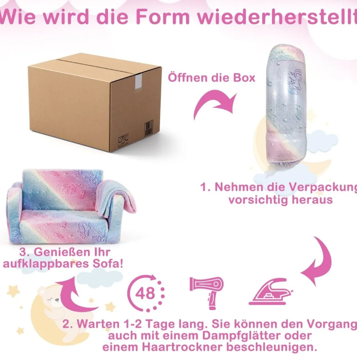 Kindercouch mit Decke 2-in-1-Klappsofa/Liege für Kleinkinder Regenbogen/Grau