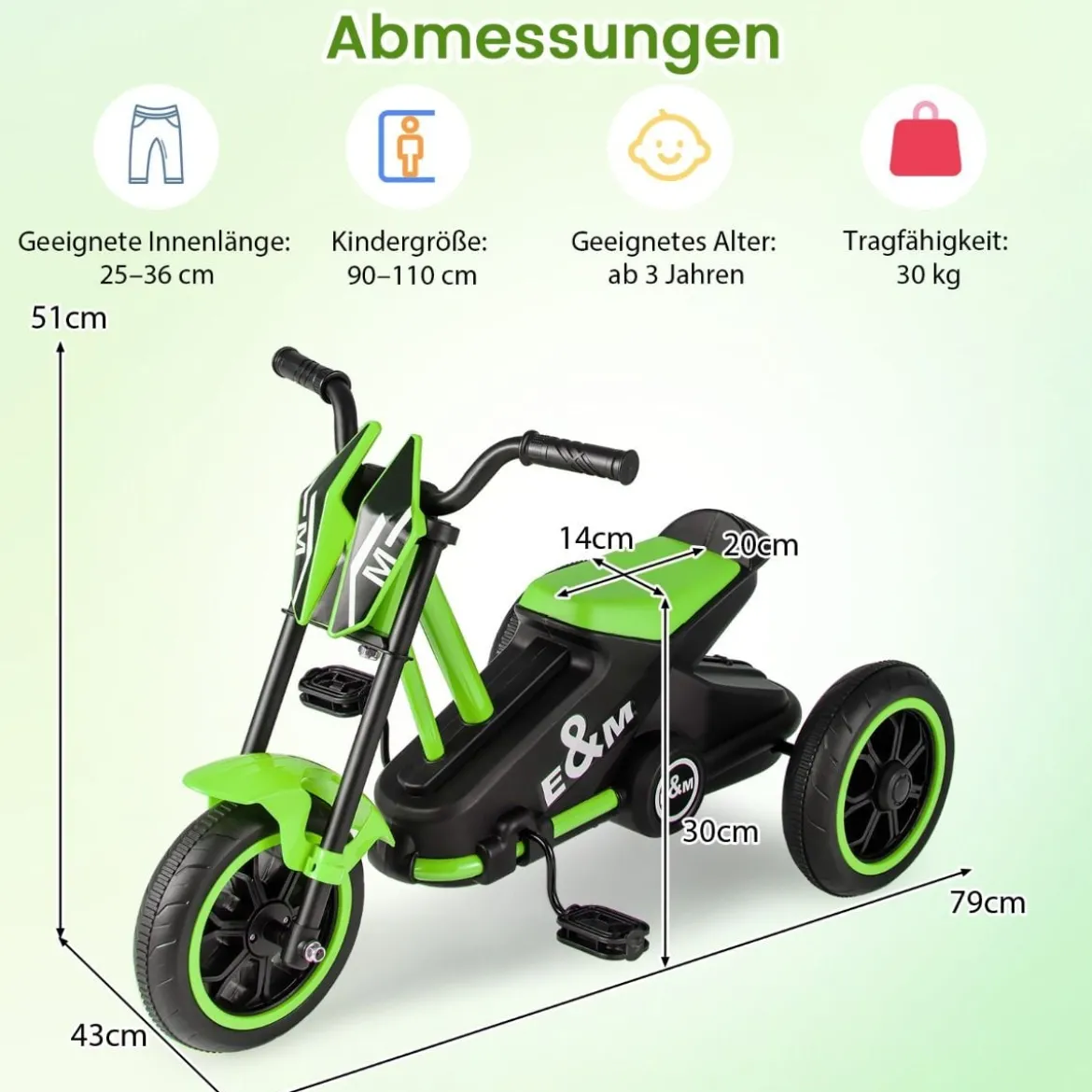 Kinder-Dreirad mit 3 Robusten Rädern & Fußpedalen Kinderfahrrad Kinderlaufrad Grün