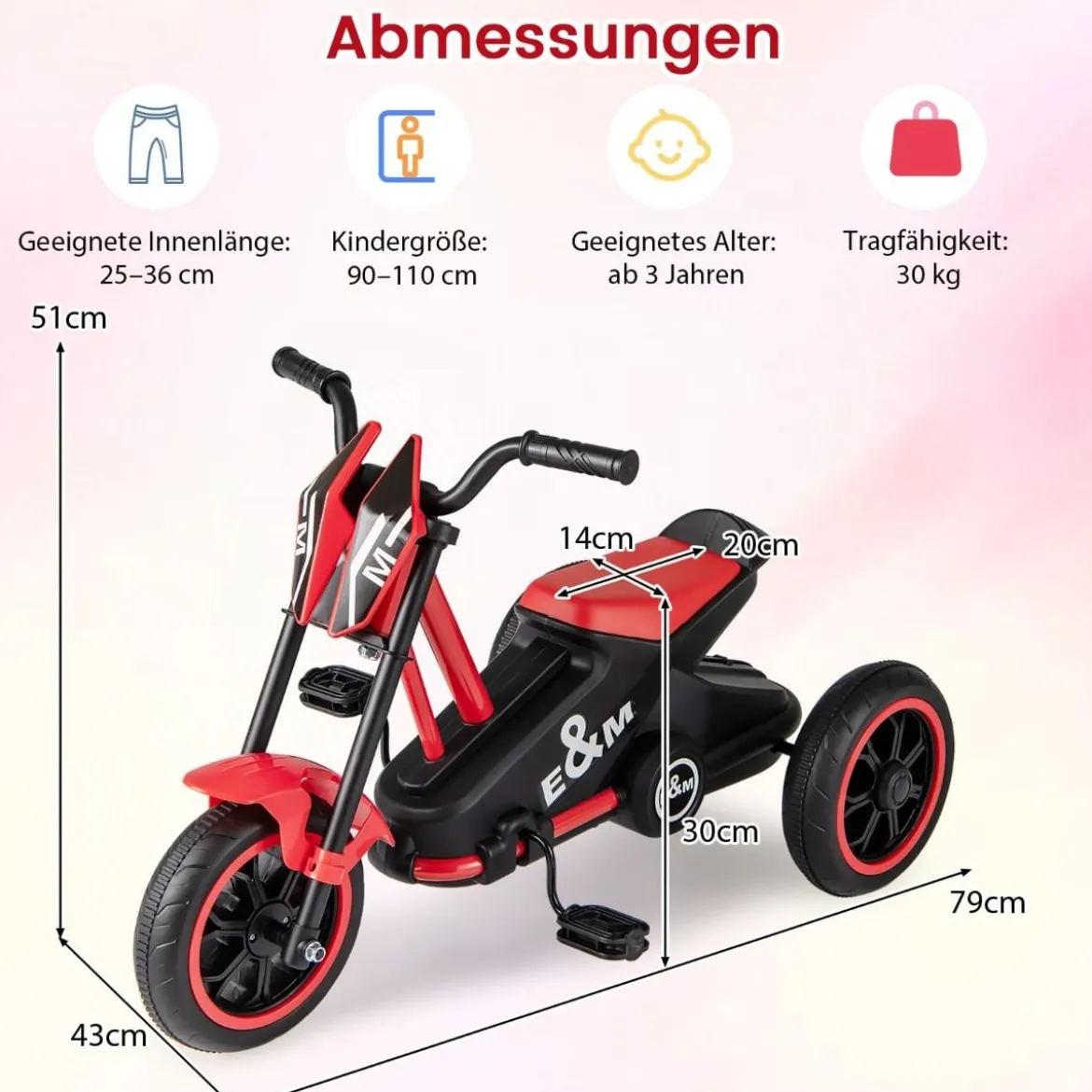 Kinder-Dreirad mit 3 Robusten Rädern & Fußpedalen Kinderfahrrad Kinderlaufrad Rot