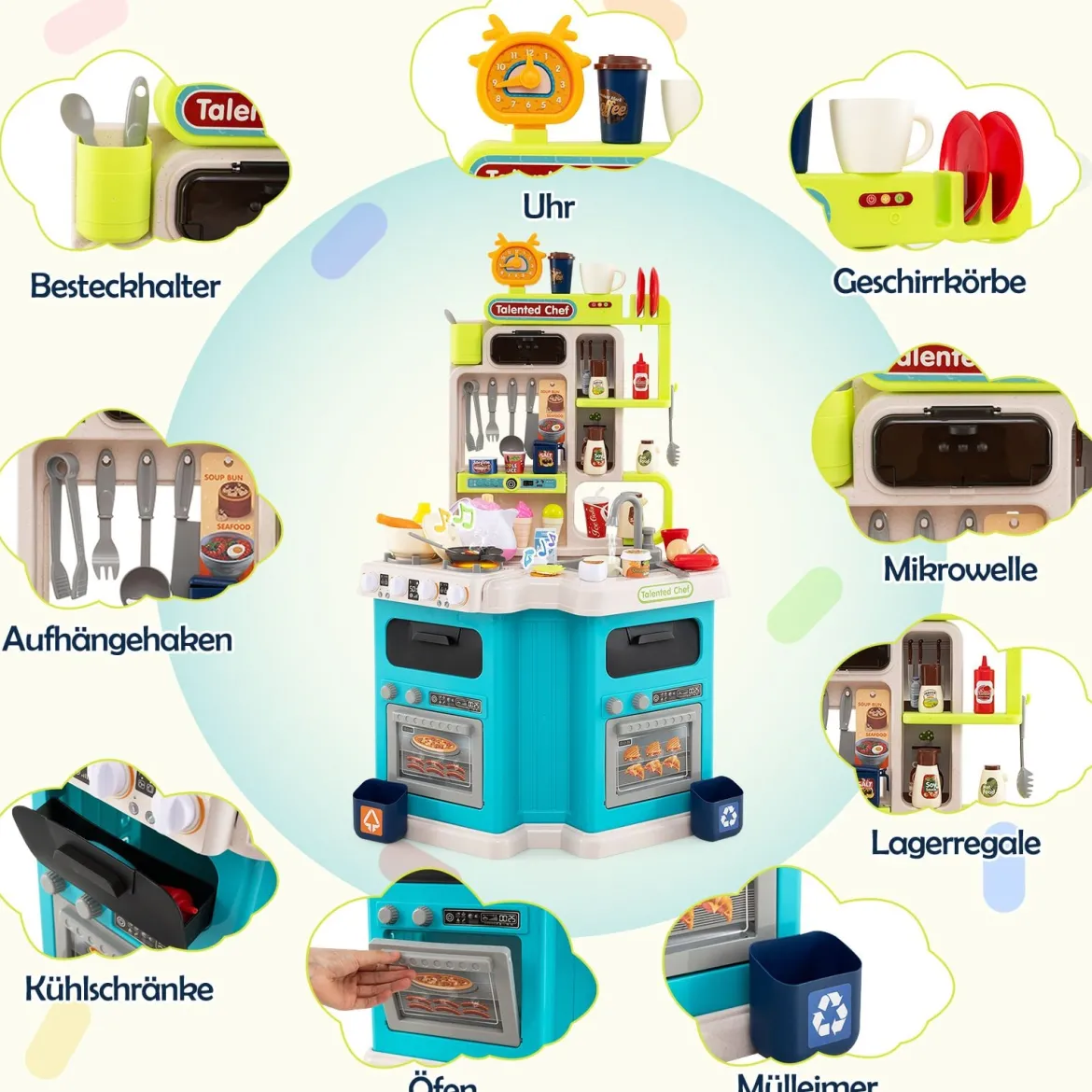 Kinder Eck-Küchenspielset mit Sounds & Lichtern Kinderküche mit Kochherd Spiel-Spüle & 75-teiligem Zubehör Blau