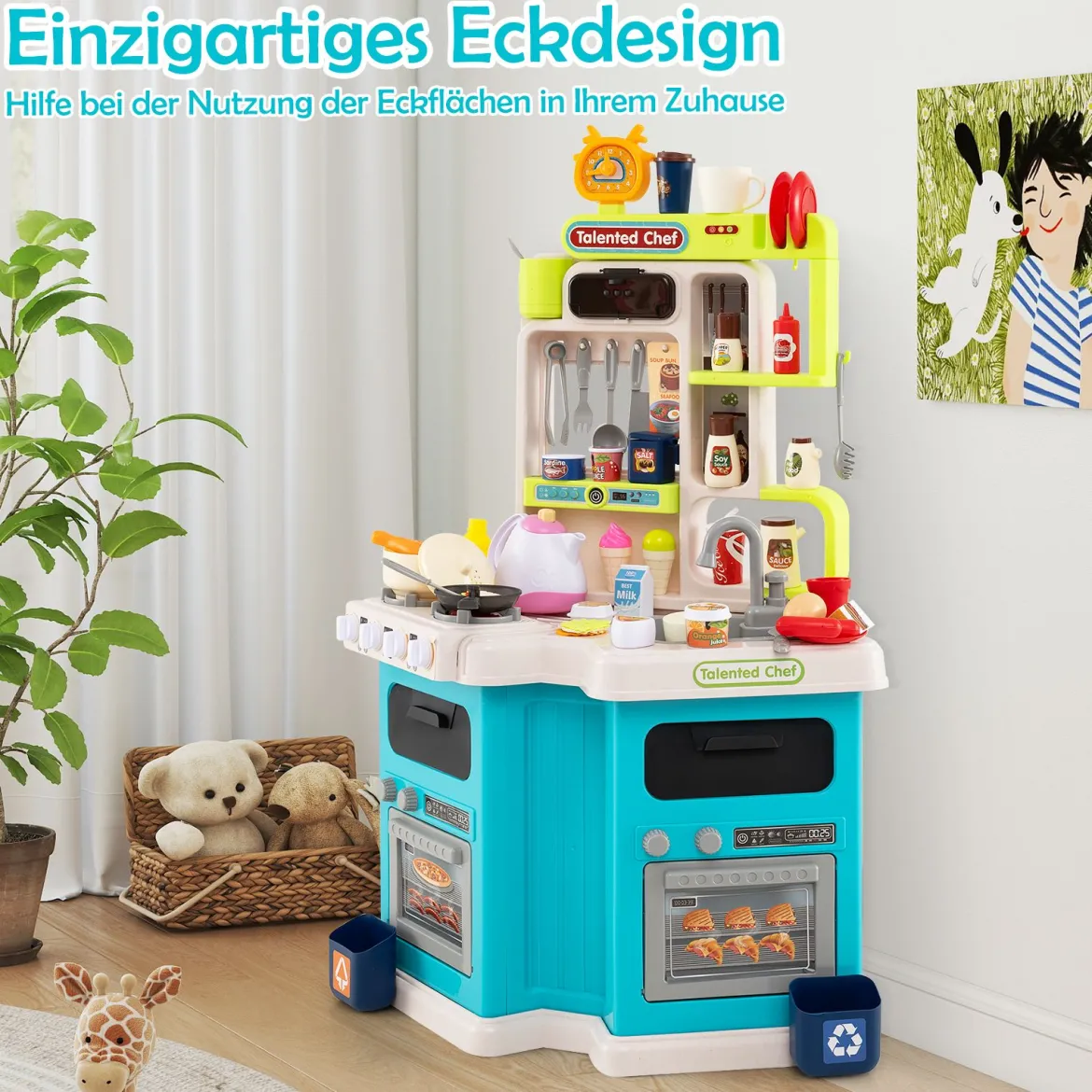 Kinder Eck-Küchenspielset mit Sounds & Lichtern Kinderküche mit Kochherd Spiel-Spüle & 75-teiligem Zubehör Blau