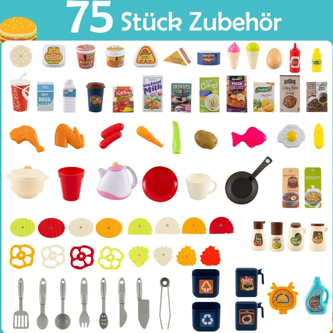 Kinder Eck-Küchenspielset mit Sounds & Lichtern Kinderküche mit Kochherd Spiel-Spüle & 75-teiligem Zubehör Blau