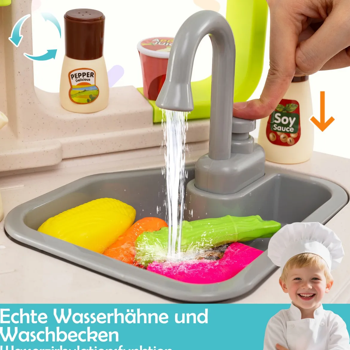 Kinder Eck-Küchenspielset mit Sounds & Lichtern Kinderküche mit Kochherd Spiel-Spüle & 75-teiligem Zubehör Blau