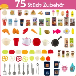 Kinder Eck-Küchenspielset mit Sounds & Lichtern Kinderküche mit Kochherd Spiel-Spüle & 75-teiligem Zubehör Rosa