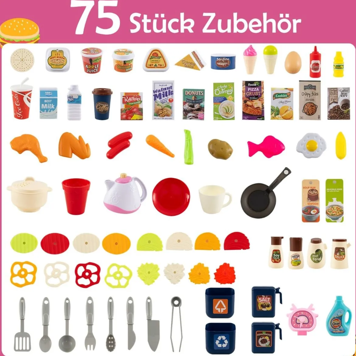 Kinder Eck-Küchenspielset mit Sounds & Lichtern Kinderküche mit Kochherd Spiel-Spüle & 75-teiligem Zubehör Rosa