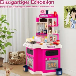 Kinder Eck-Küchenspielset mit Sounds & Lichtern Kinderküche mit Kochherd Spiel-Spüle & 75-teiligem Zubehör Rosa