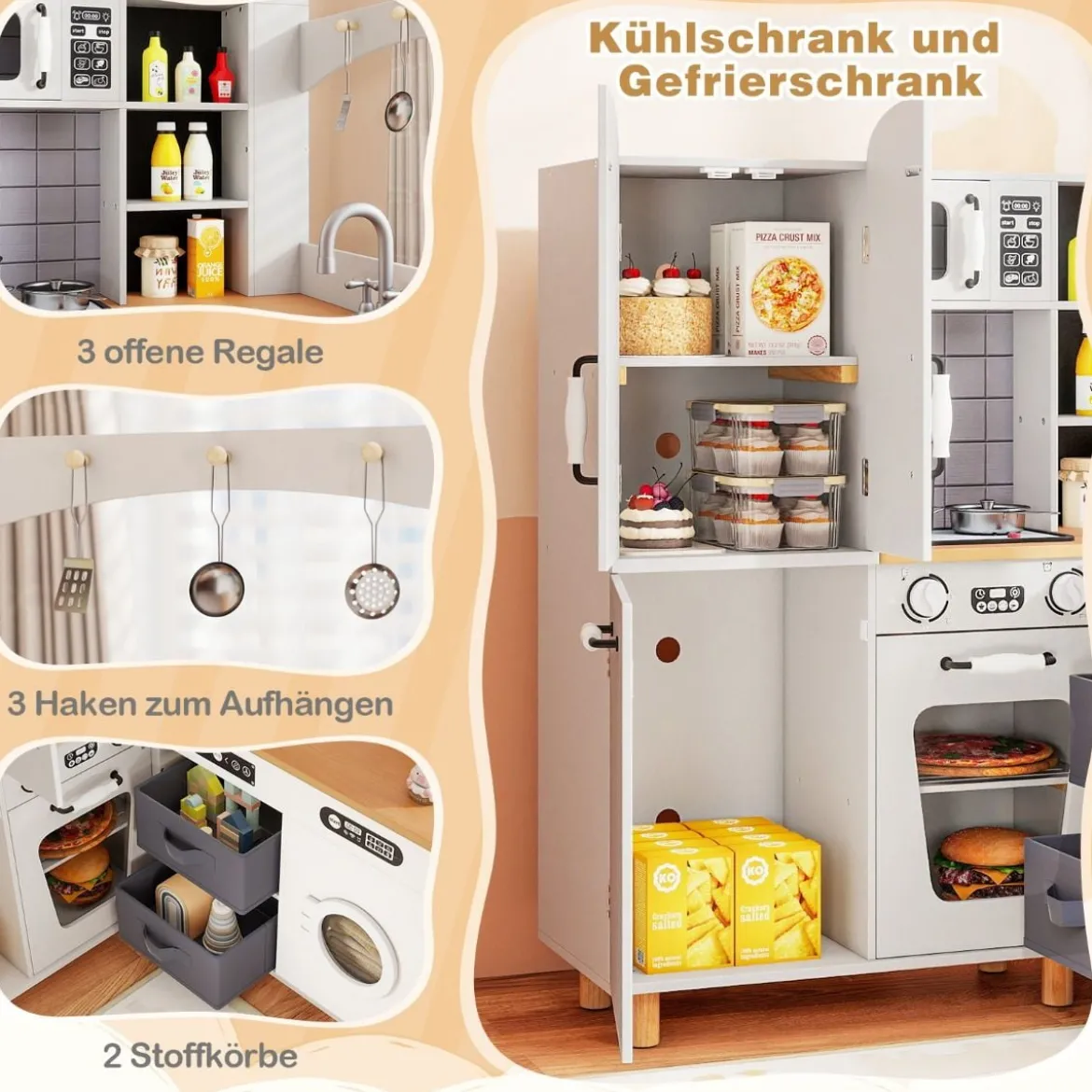 Kinder Eck Spielküche mit Doppeltür-Kühlschrank & Kaffeemaschine & Waschmaschine Holzküche Weiß