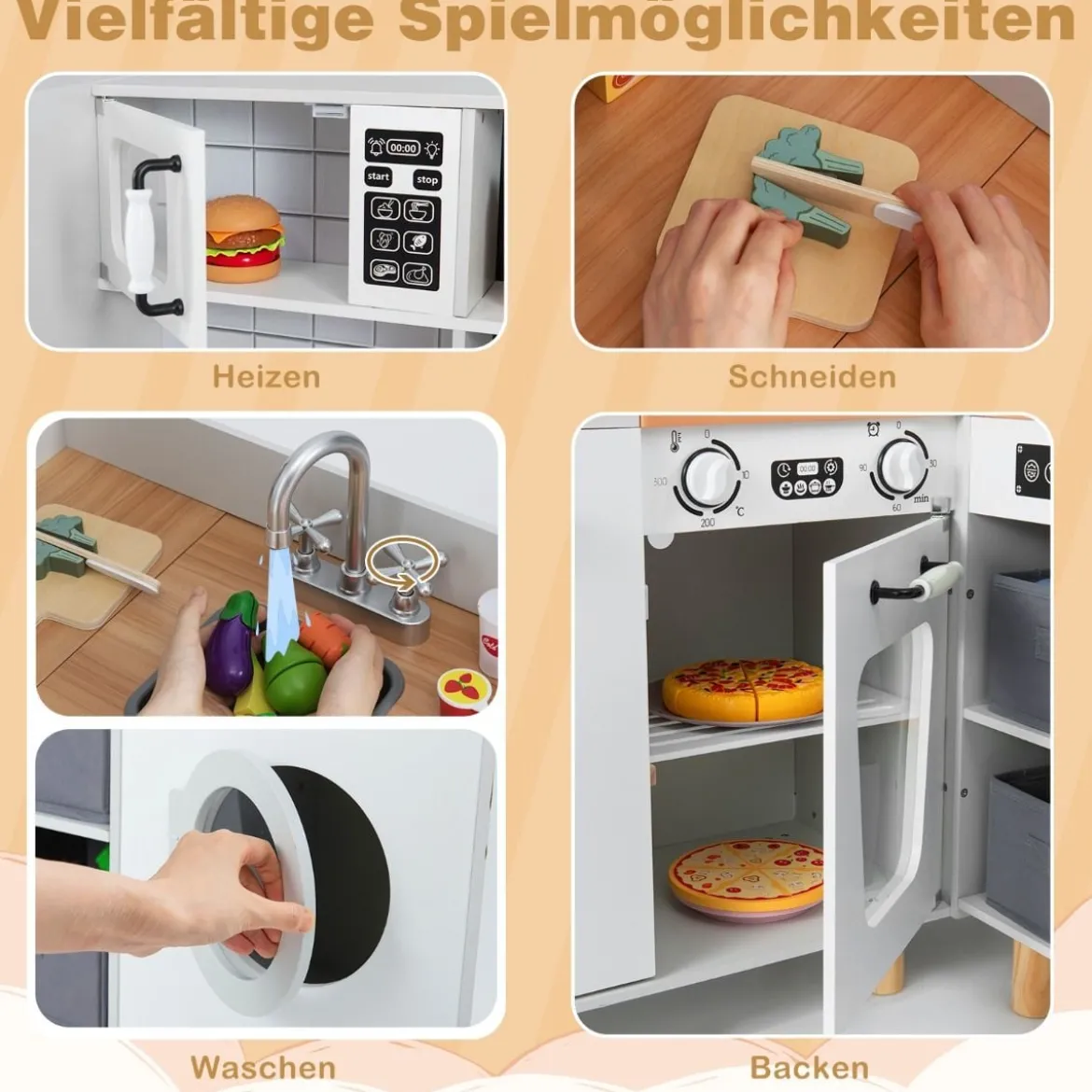 Kinder Eck Spielküche mit Doppeltür-Kühlschrank & Kaffeemaschine & Waschmaschine Holzküche Weiß