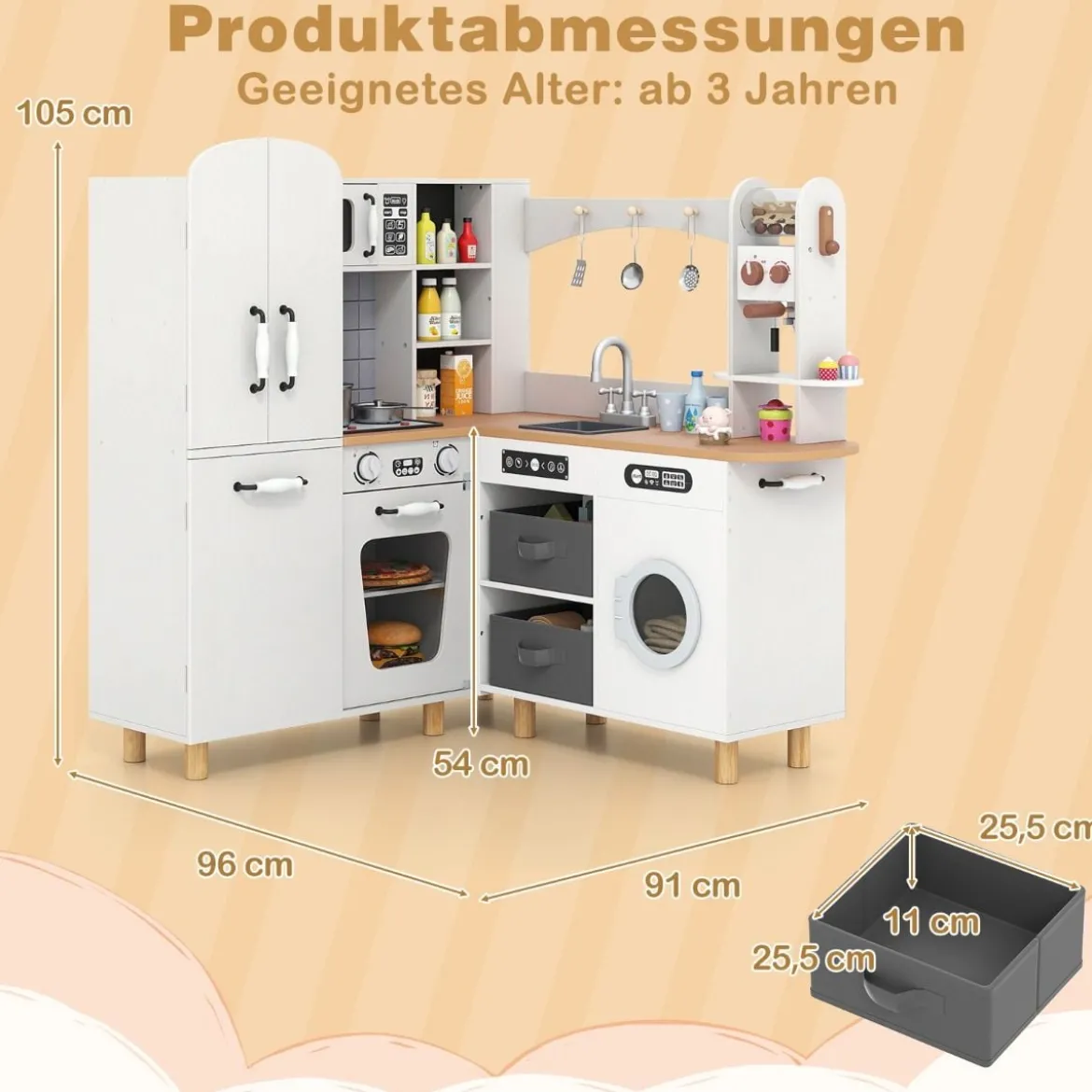 Kinder Eck Spielküche mit Doppeltür-Kühlschrank & Kaffeemaschine & Waschmaschine Holzküche Weiß