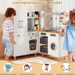Kinder Eck Spielküche mit Doppeltür-Kühlschrank & Kaffeemaschine & Waschmaschine Holzküche Weiß