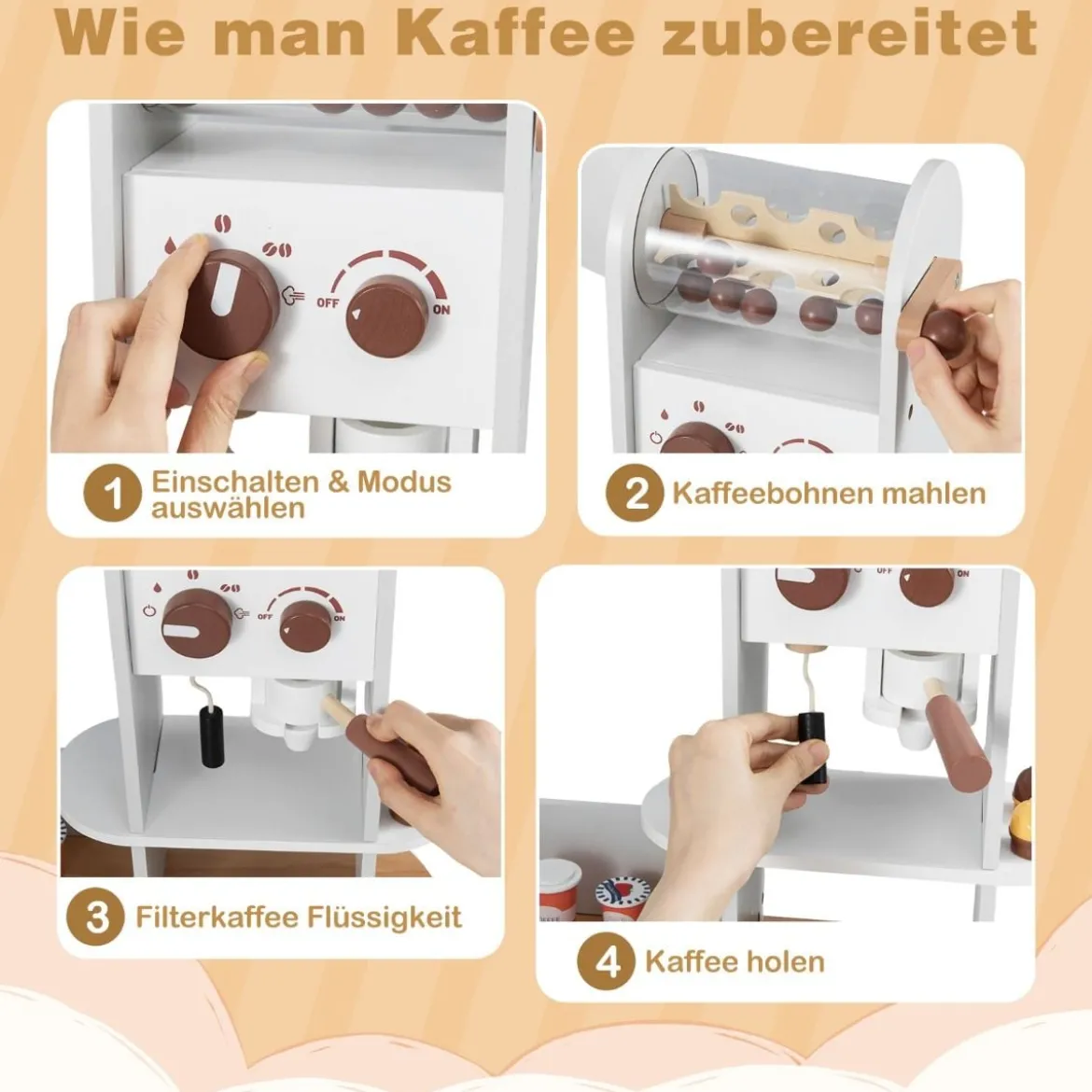 Kinder Eck Spielküche mit Doppeltür-Kühlschrank & Kaffeemaschine & Waschmaschine Holzküche Weiß