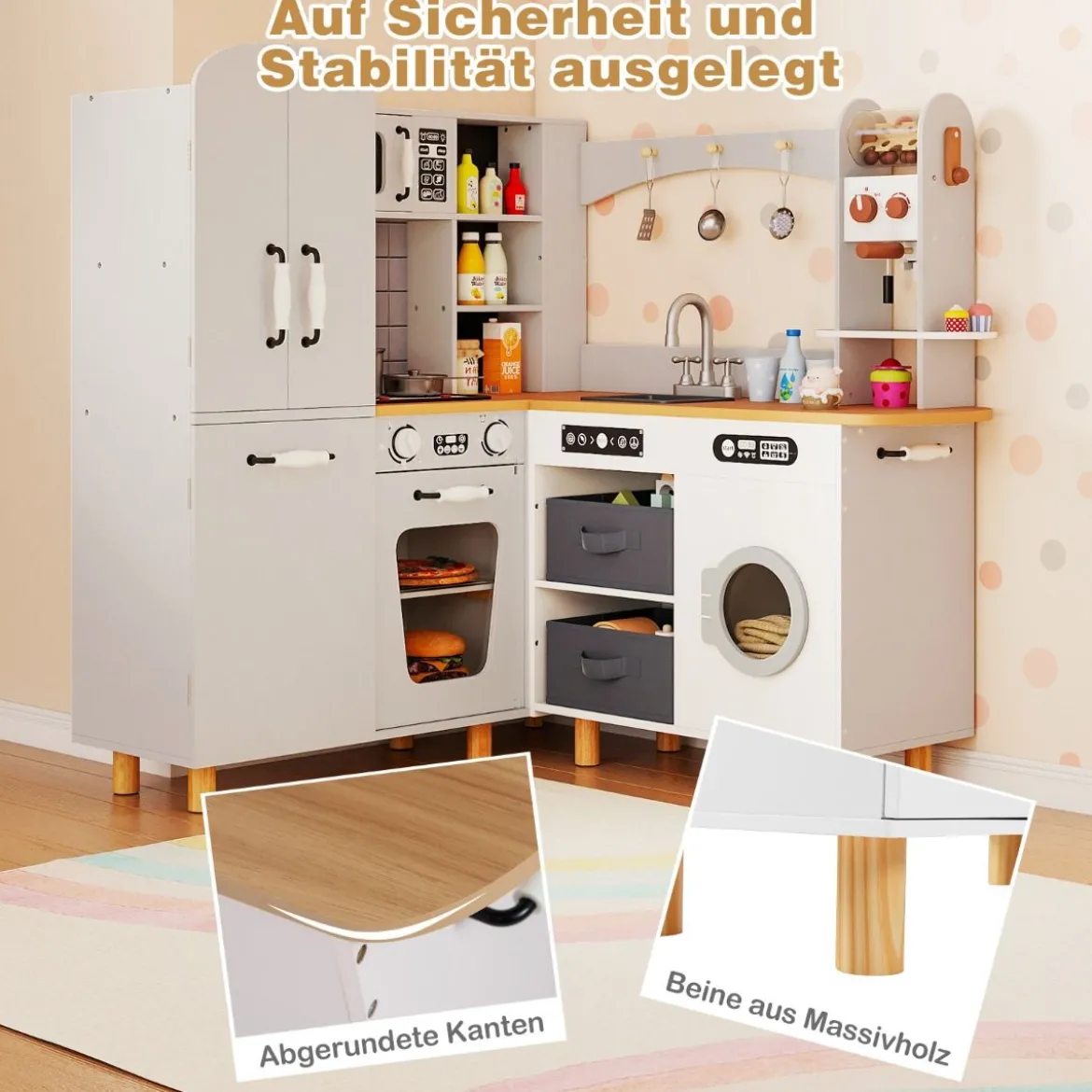 Kinder Eck Spielküche mit Doppeltür-Kühlschrank & Kaffeemaschine & Waschmaschine Holzküche Weiß